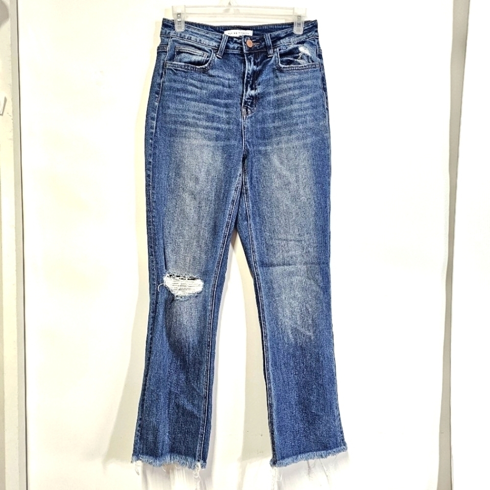 Flying Monkey Women's Blue High Rise Frayed Hem Distressed Denim Jean Pants, 26